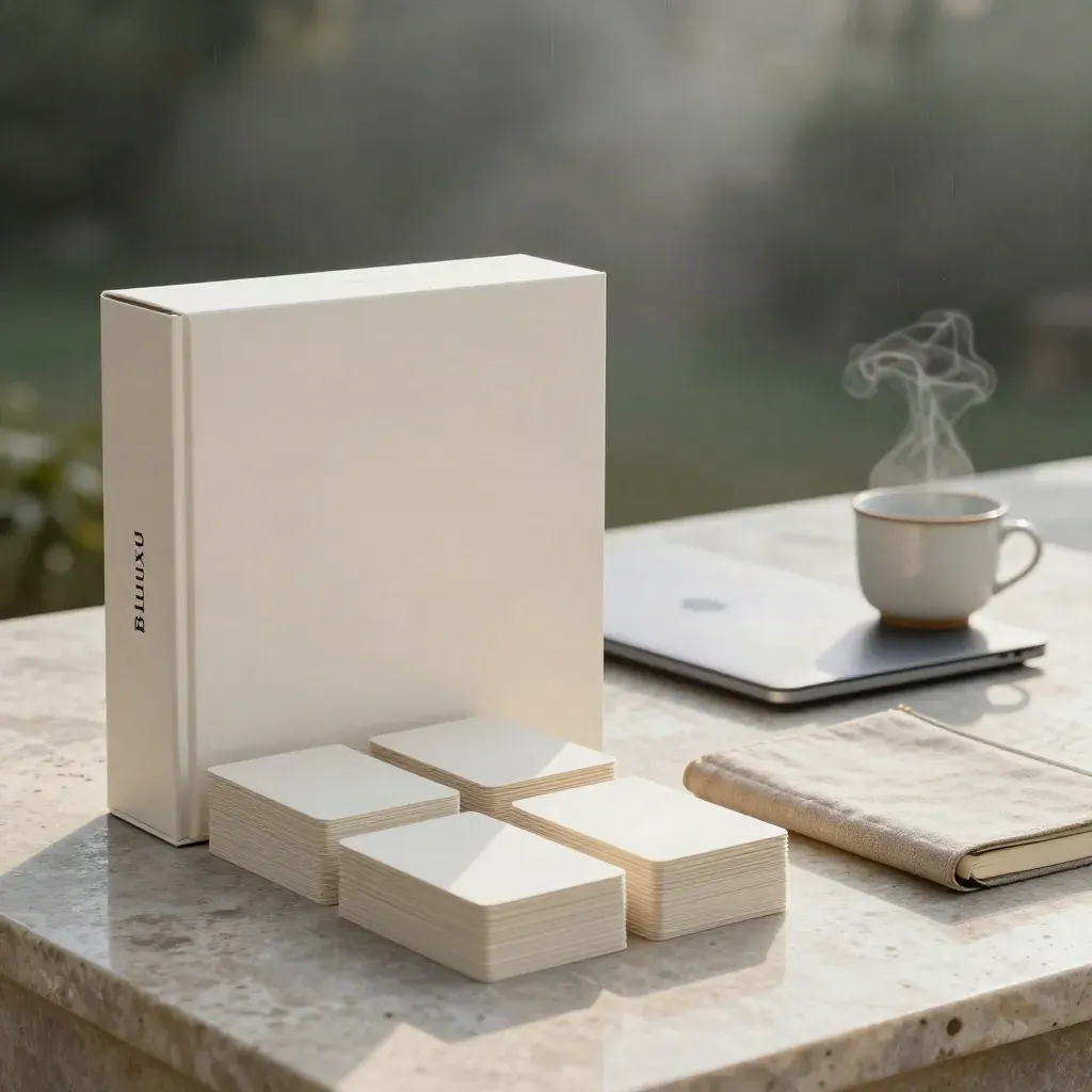 Hero blurb kit box with cards, laptop, notebook and cup on pale limestone in soft morning mist.