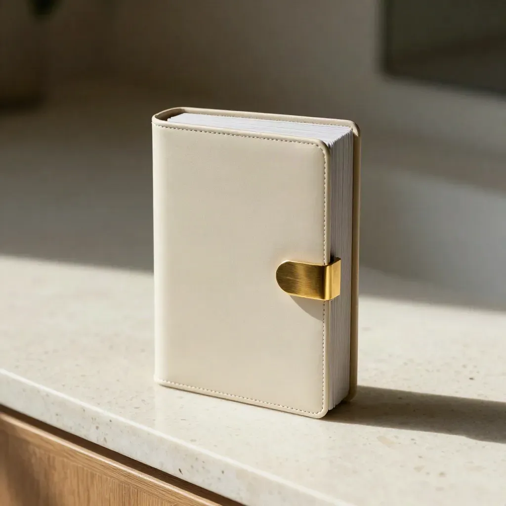 Upright annual-plan slipcase with nested cards and brass divider on travertine