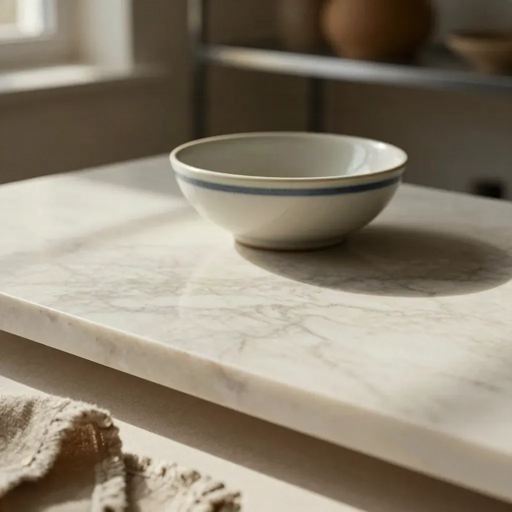 Marble slab in warm studio corner with ceramic bowl and blurred shelving, sunlit and calm