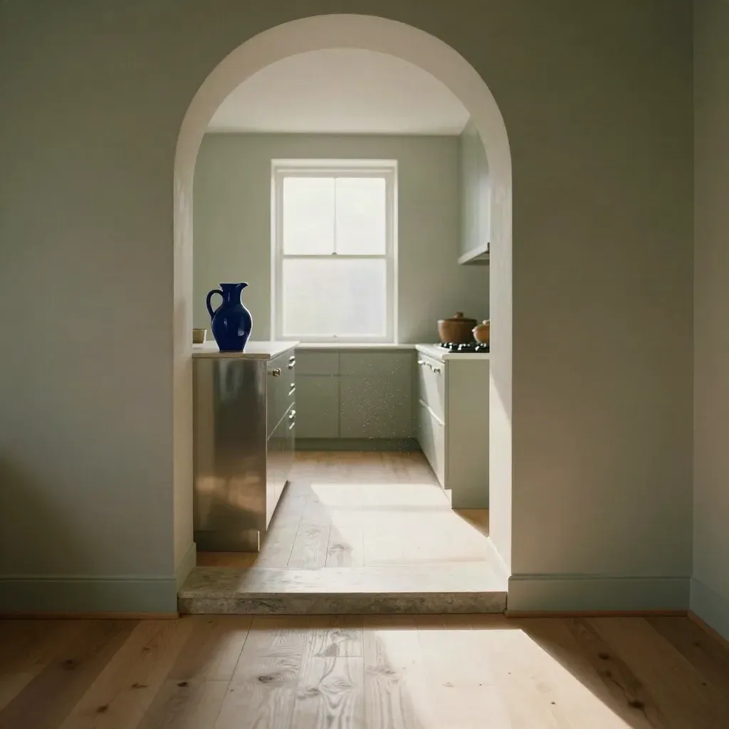 Sunlit plaster corridor to a loft kitchen, with a cobalt jug above a calm floor.