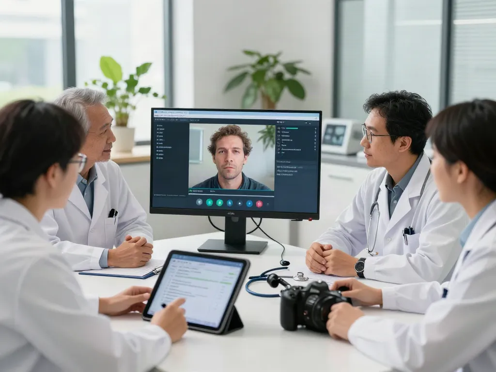 Telestroke medicine innovations in a team meeting with medical specialists using video technology.